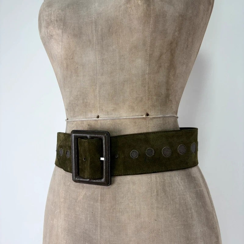 Khaki suede thick leather belt