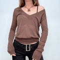 brown sheer knit slouchy off the shoulder jumper