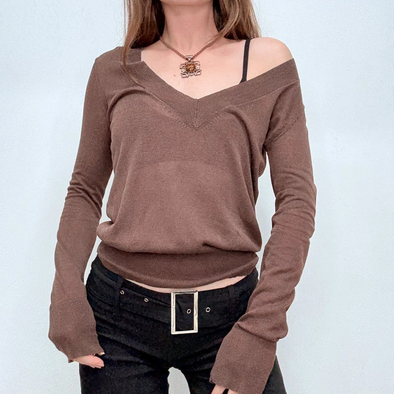 brown sheer knit slouchy off the shoulder jumper