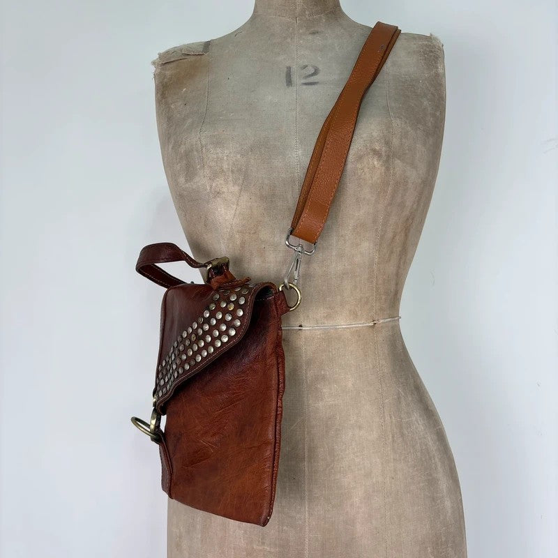 Studded distressed brown leather cargo messenger bag