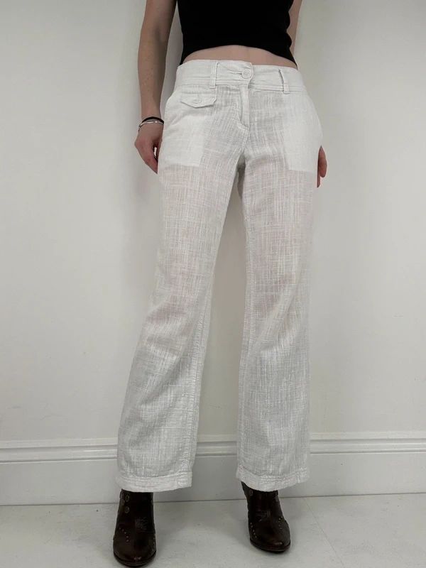 white linen wide leg low rise trousers
