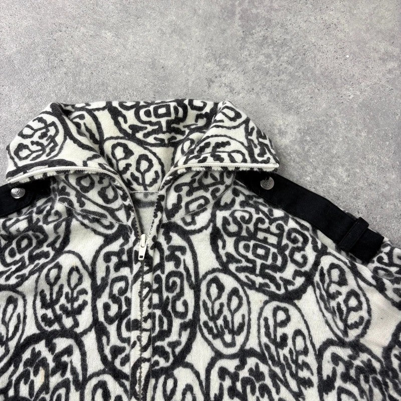 black and white slouchy patterned knit jumper, angora zip through funnel neck