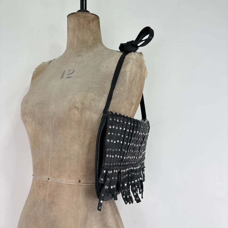 Black leather studded tassel crossbody bag
