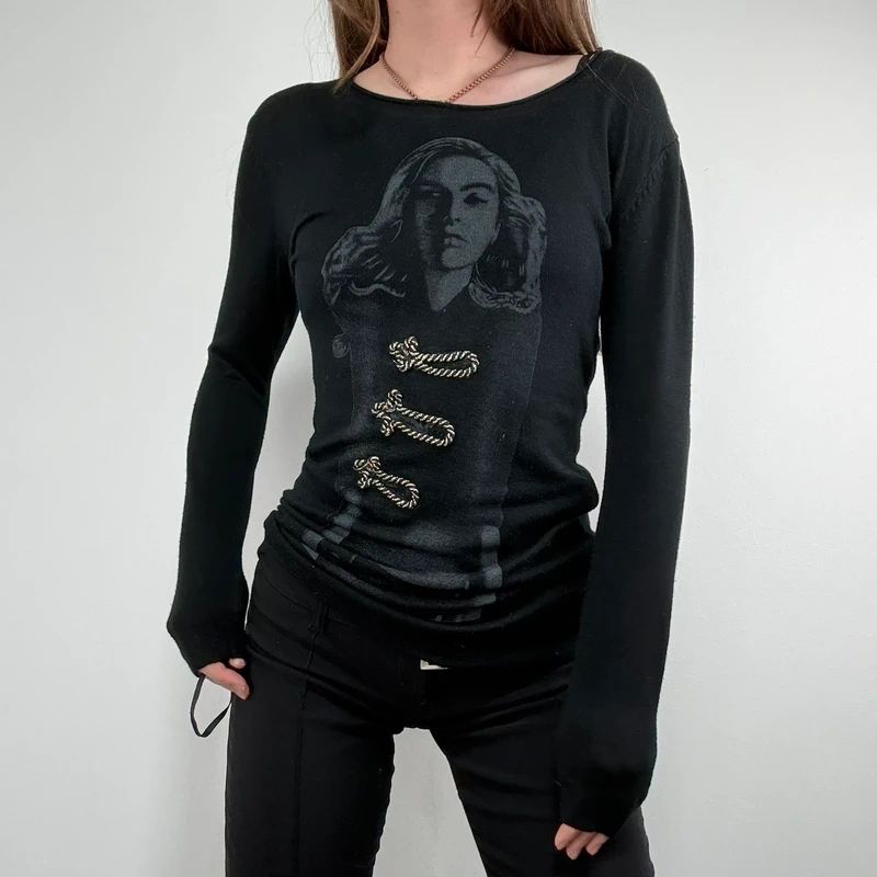 black long sleeve printed nepolion detailed t-shirt