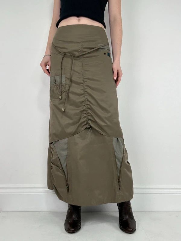 khaki utility gathered maxi skirt