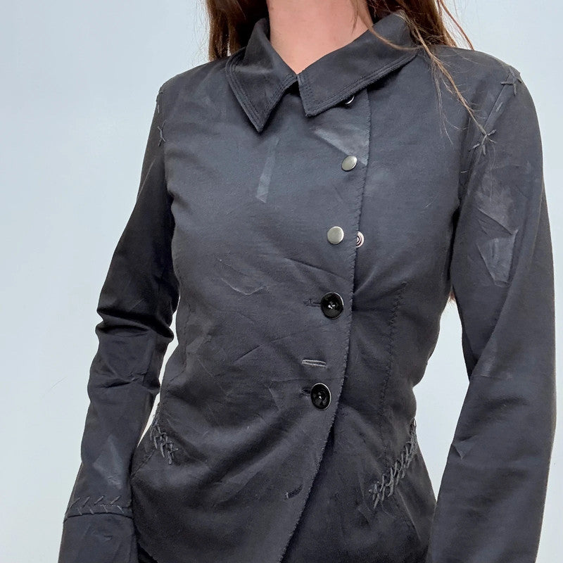 black distressed asymmetric military button jacket