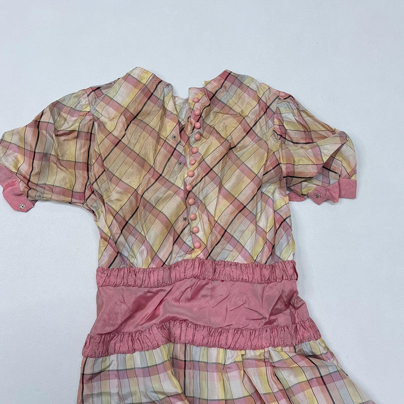 Antique preppy pink checked fitted flared pleated dress