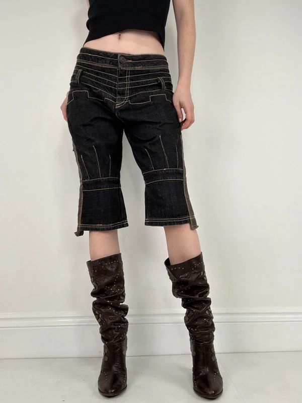 distressed black denim jorts capri pants