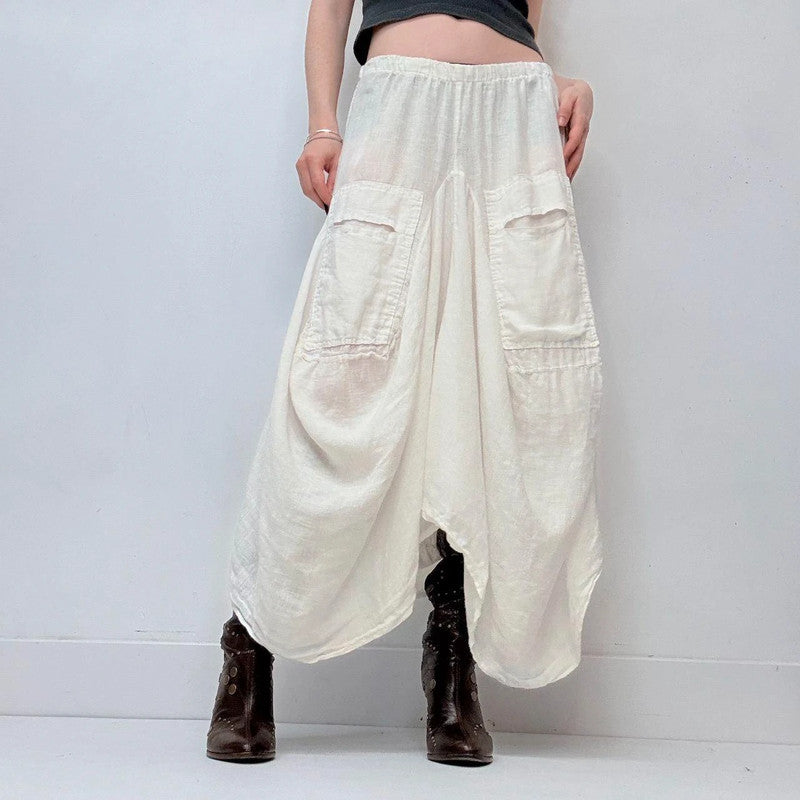 white linen draped puff maxi skirt
