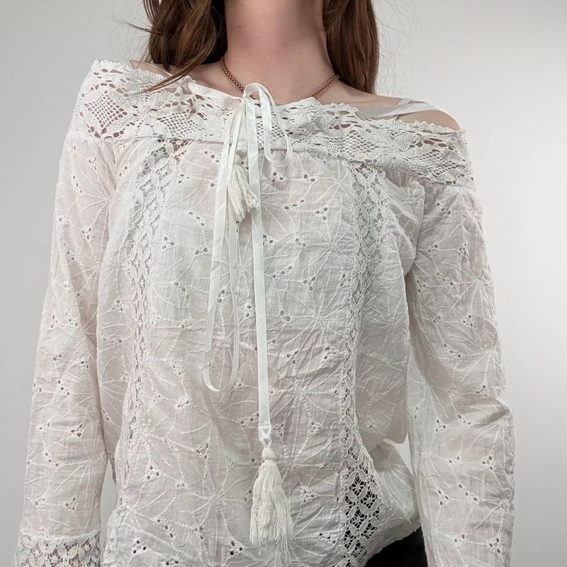 white lace embroidered off the shoulder lace blouse