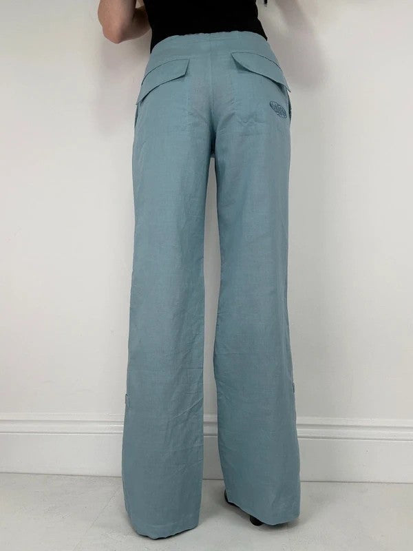 aqua blue wide leg linen trousers