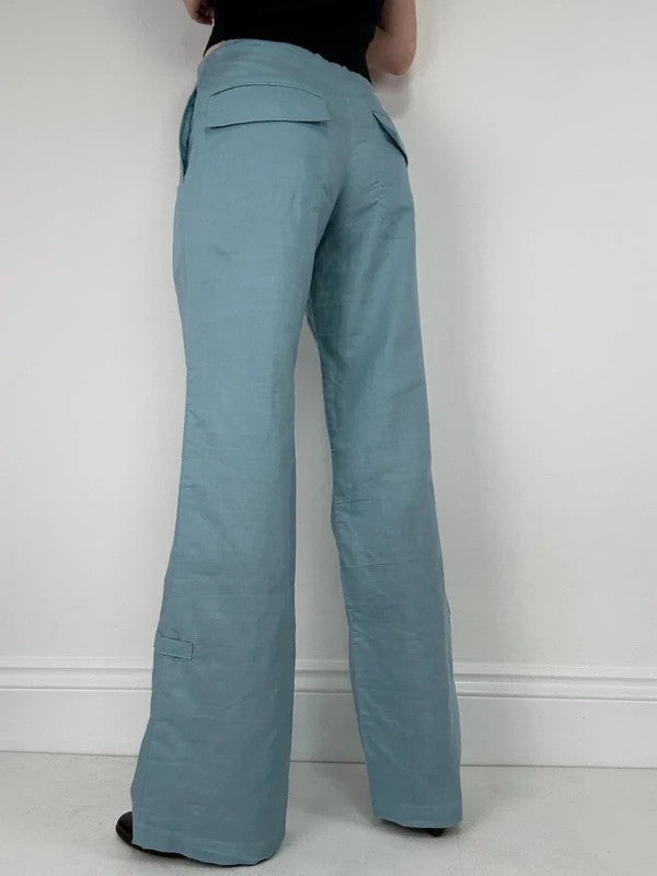 aqua blue wide leg linen trousers