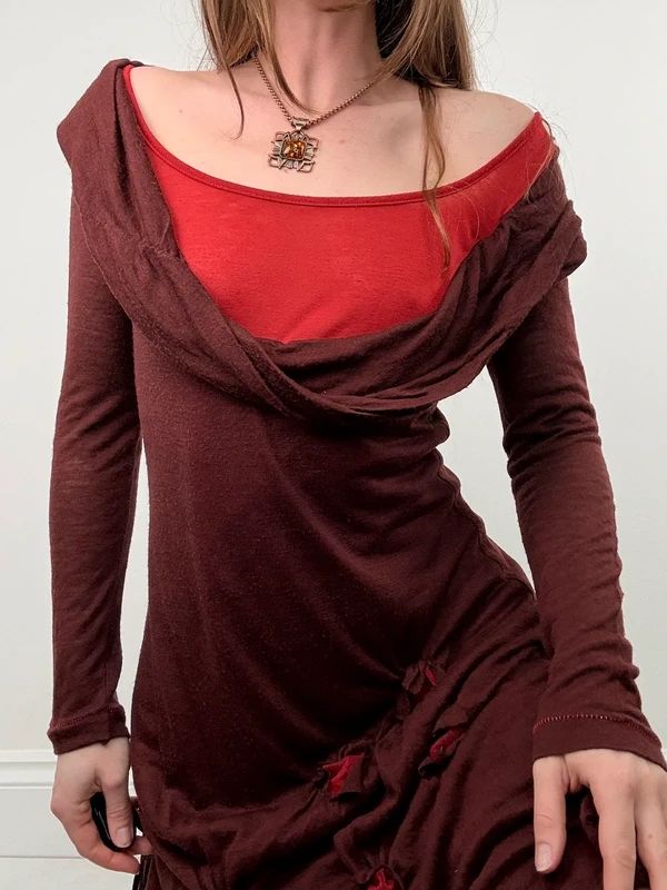 layered cinched long sleeve burgundy flared dress