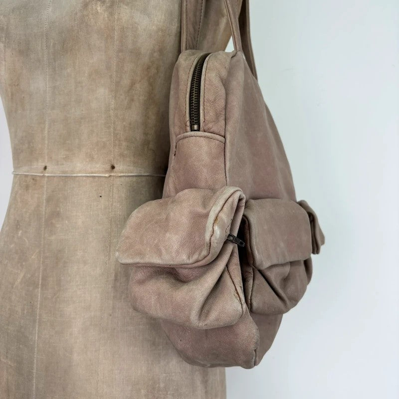 Dusty pink distressed leather cargo slouchy pocket bag