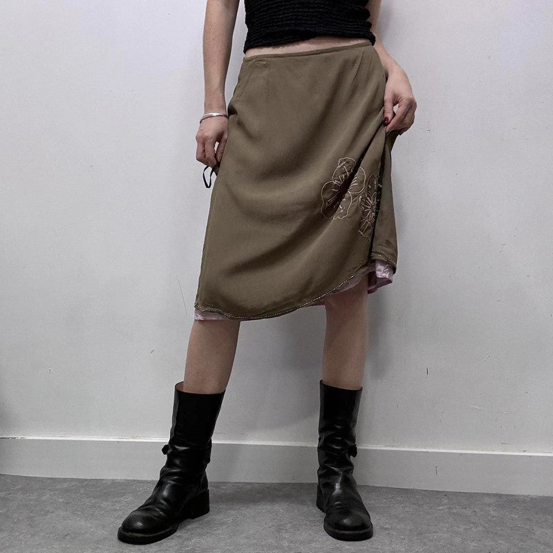 khaki silky layered midi skirt