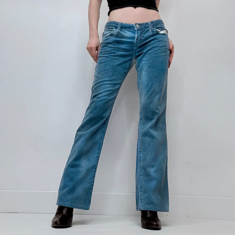 low-rise distressed blue crinkle jeans