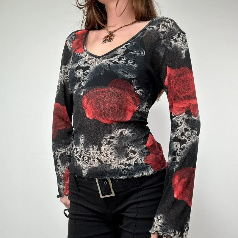distressed floral rose print long sleeve mesh t-shirt