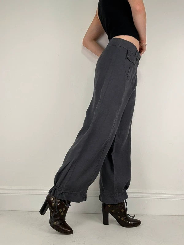 Navy linen puff leg drawstring bloomer trousers