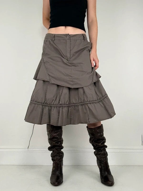 Khaki layered ruffle midi pleated skirt