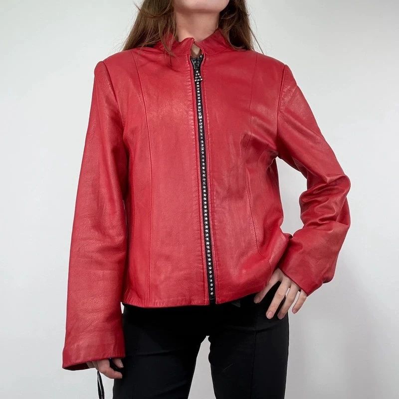 Red Studded Leather zip Jacket
