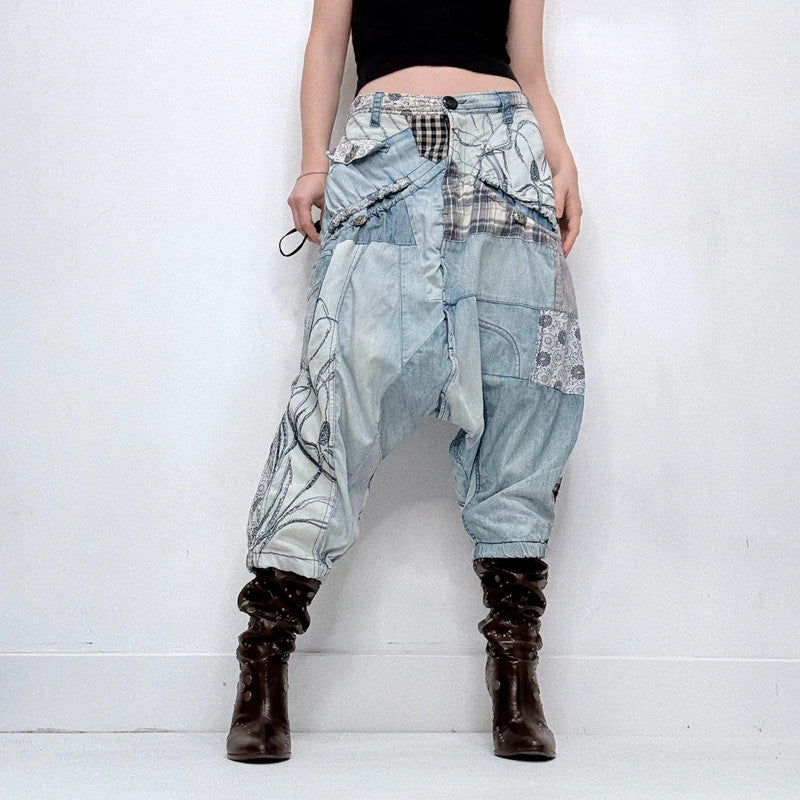 archival grunge patchwork denim puff trousers