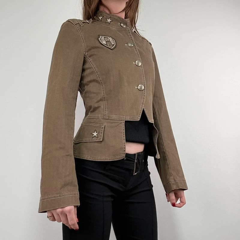 Khaki asymmetric fitted military jacket
