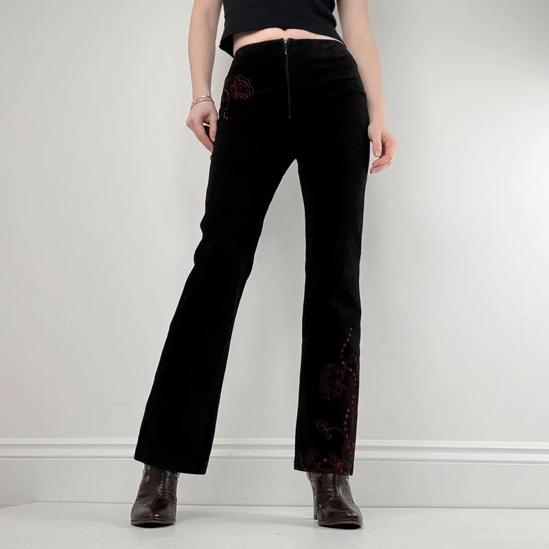 black suede embroidery flared trousers
