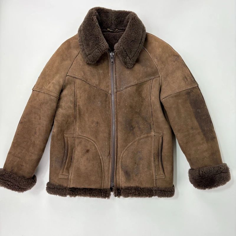 brown shearling aviator vintage jacket with zipper