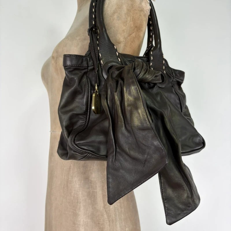 brown leather shimmer bow slouchy Y2K hobo handbag