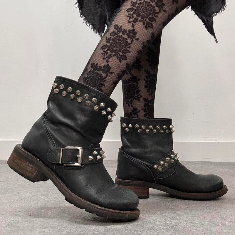 black leather punk studded boots