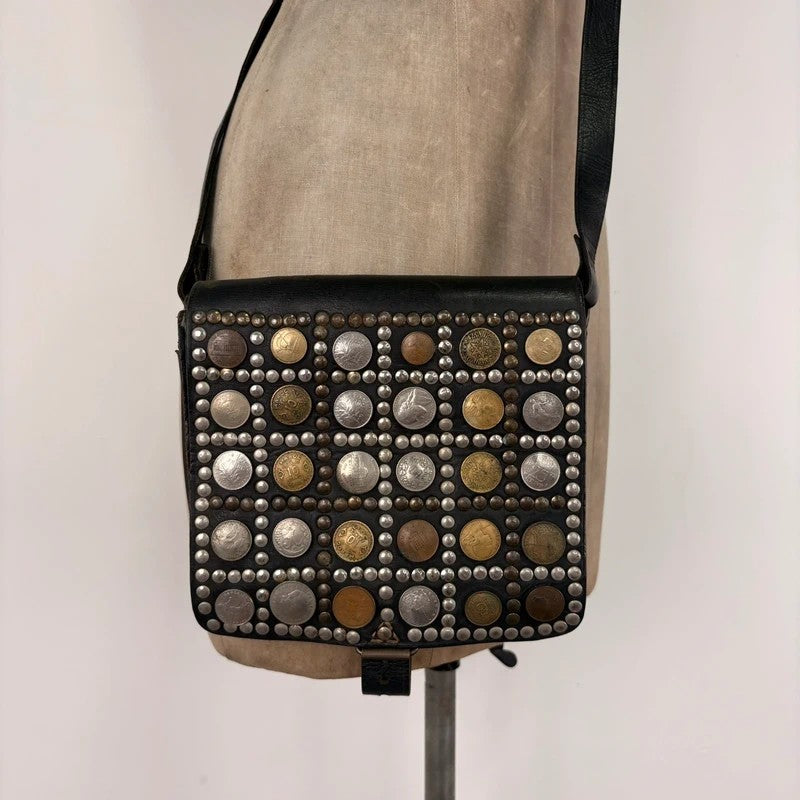 Black leather studded coin bag