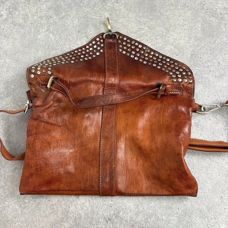 Studded distressed brown leather cargo messenger bag