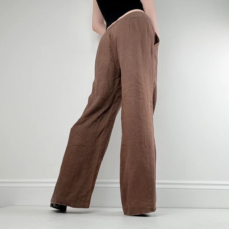 wide leg brown linen trousers