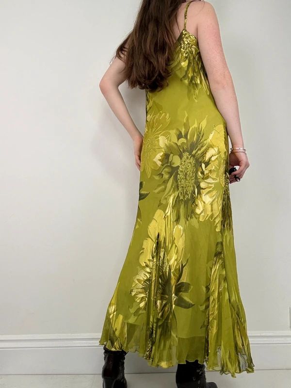 green floral watercolour silk bias cut maxi dress