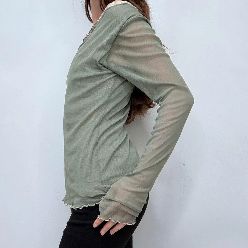 sheer layered khaki green slash neck long sleeve t-shirt
