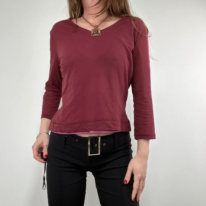 layered burgundy slouchy 3/4 length sleeve t-shirt