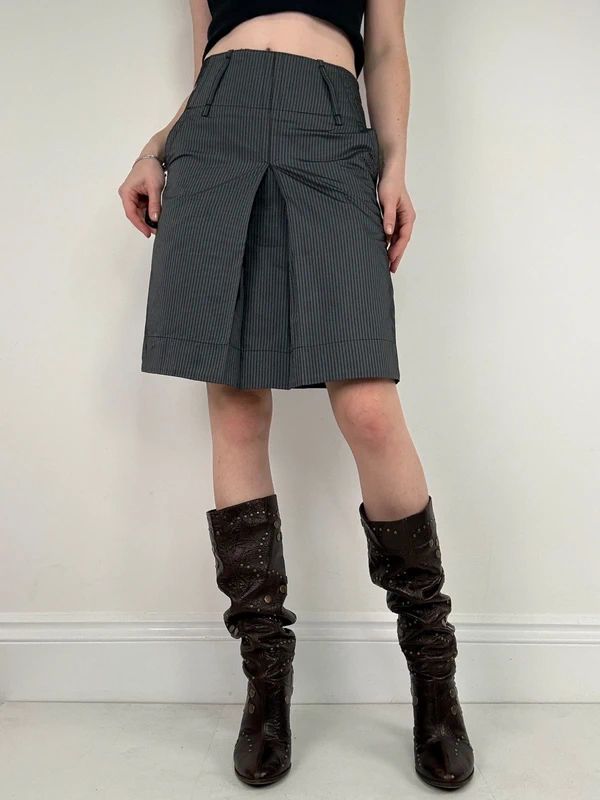 grey pinstripe flared pleated midi skirt