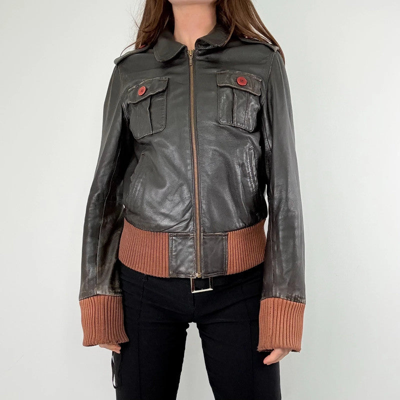 brown leather cinched ribbed waistband jacket