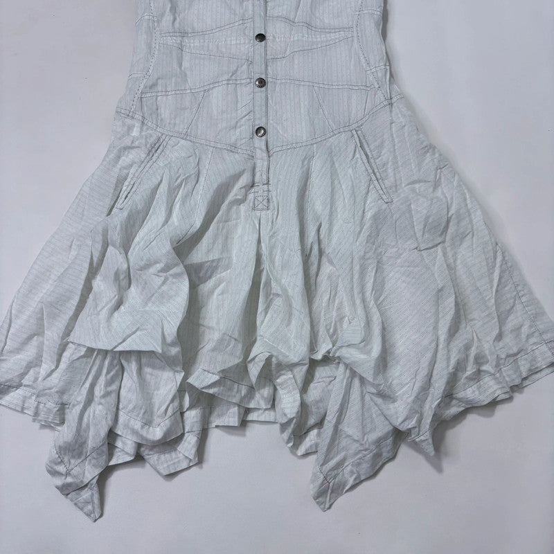 white pinstripe draped ruffle dress