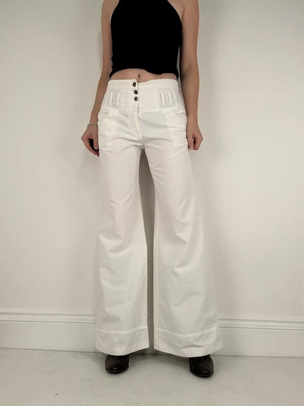 white flared wide leg button front cotton trousers