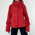 asymmetric red flared fleece jacket
