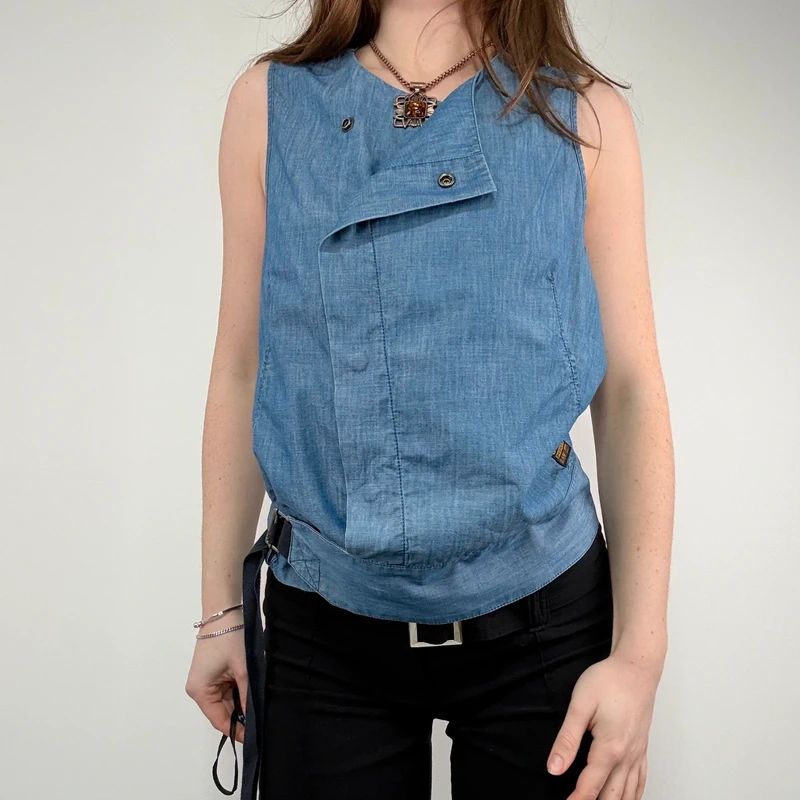 distressed denim asymmetric belted vest