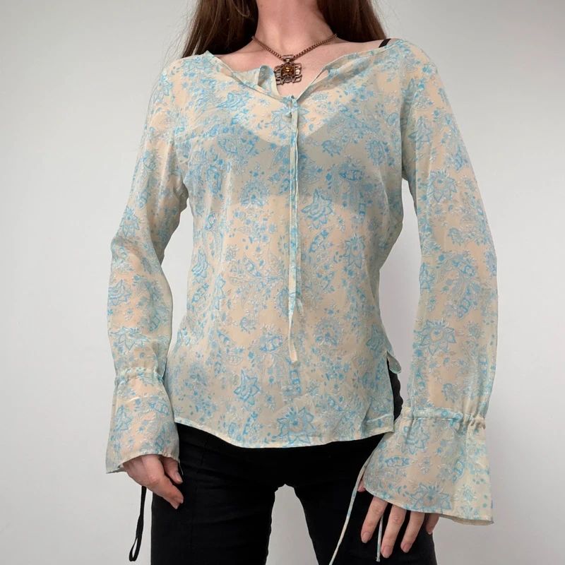 sheer floral flutter ETAM blouse with flare cuffs