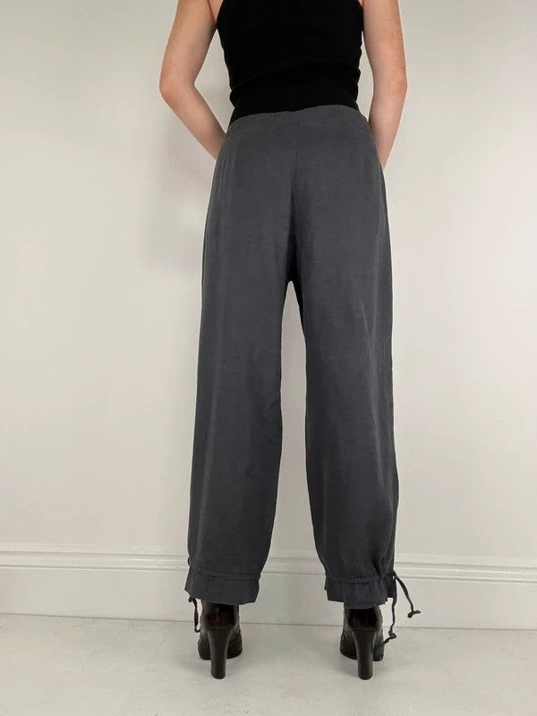 Navy linen puff leg drawstring bloomer trousers