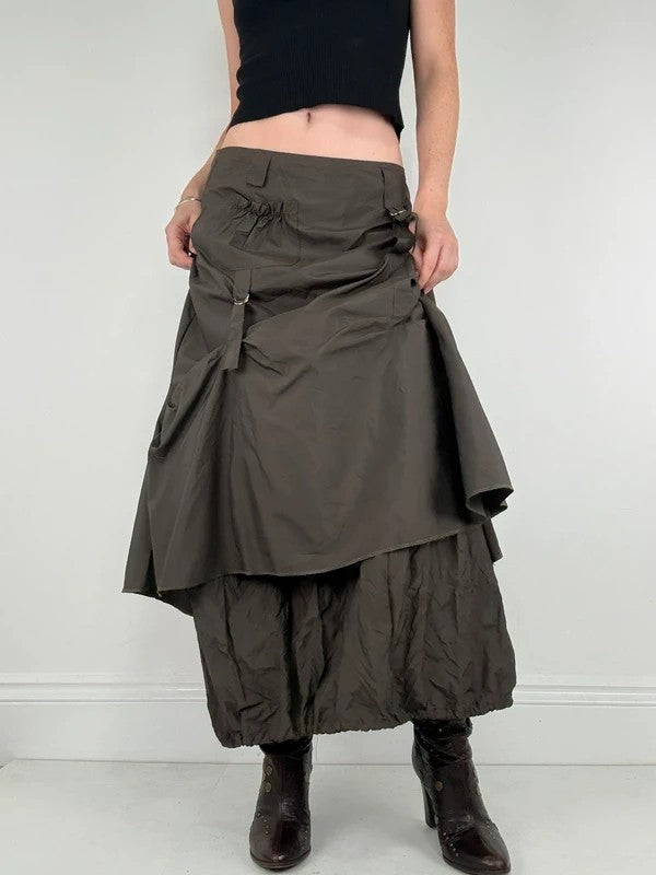 khaki layered tech utility maxi skirt