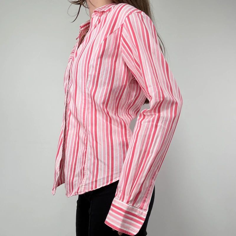 Pink Pinstripe Fitted Shirt with V-neck button style front.
