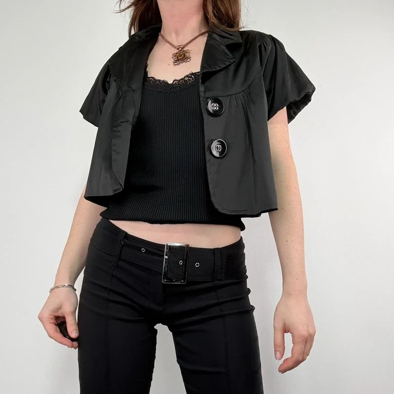black satin cropped capped sleeve mini jacket