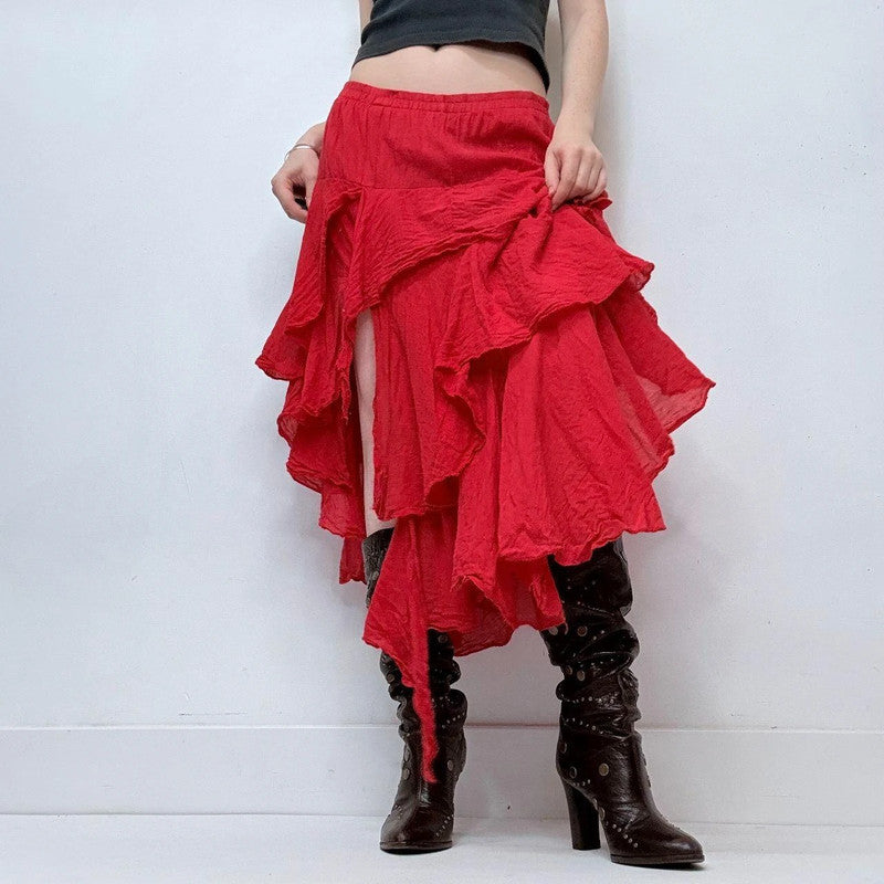 red asymmetric layered maxi skirt