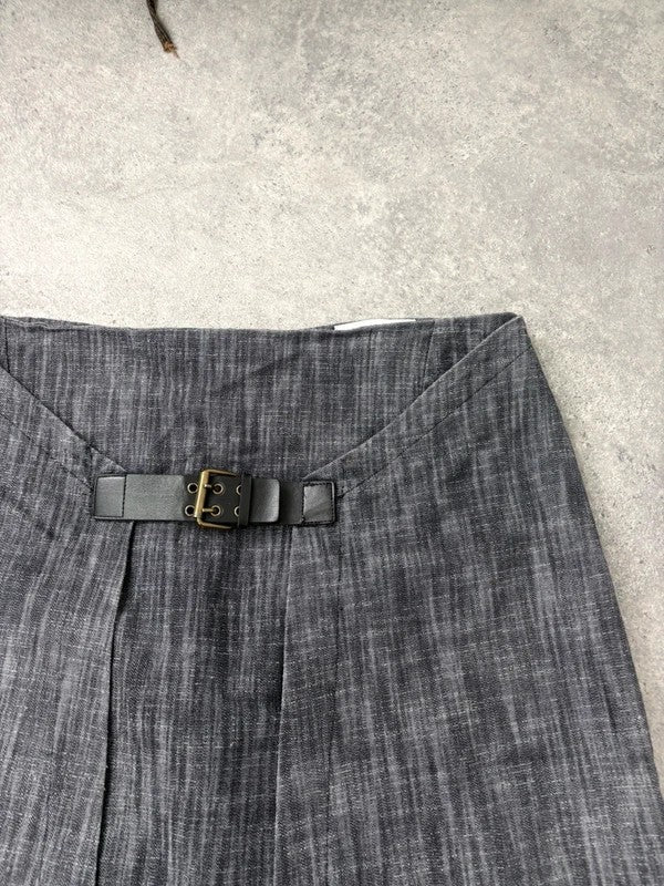 Pleated buckle front denim grunge midi skirt