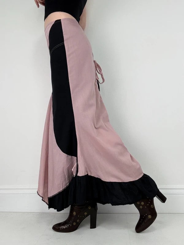 pink and navy gathered asymmetric flared maxi skirt